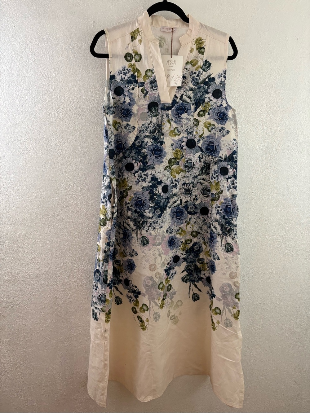 Spighe Di Lino Floral Linen Blend Midi Dress, a sleeveless, button-front size M